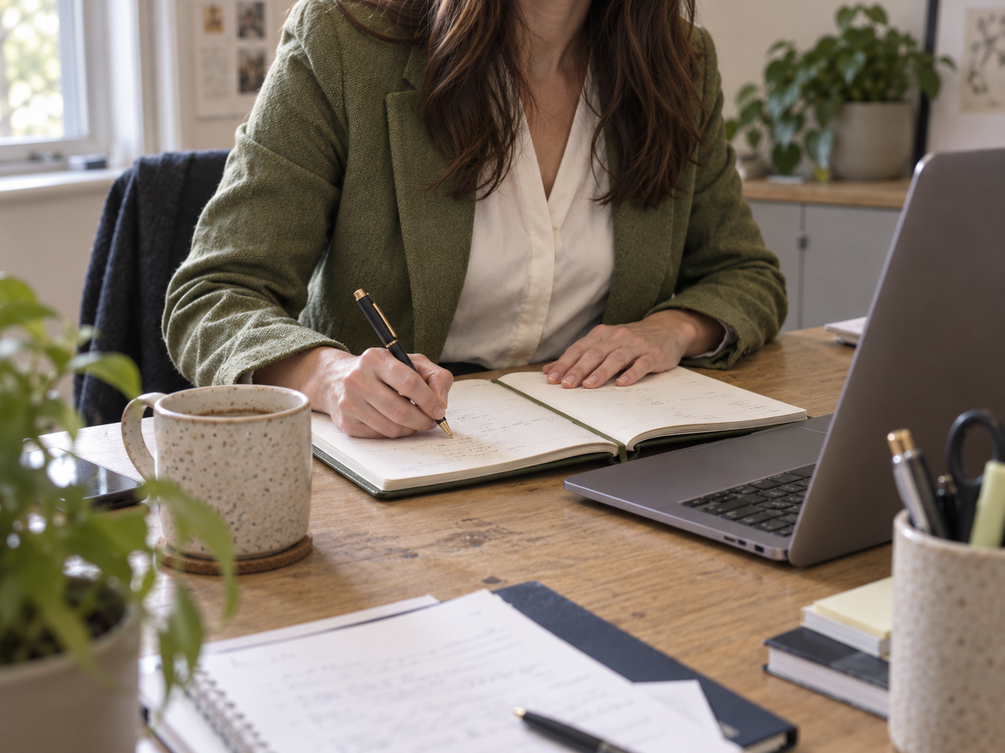 Werkplek met planner, notities en laptop